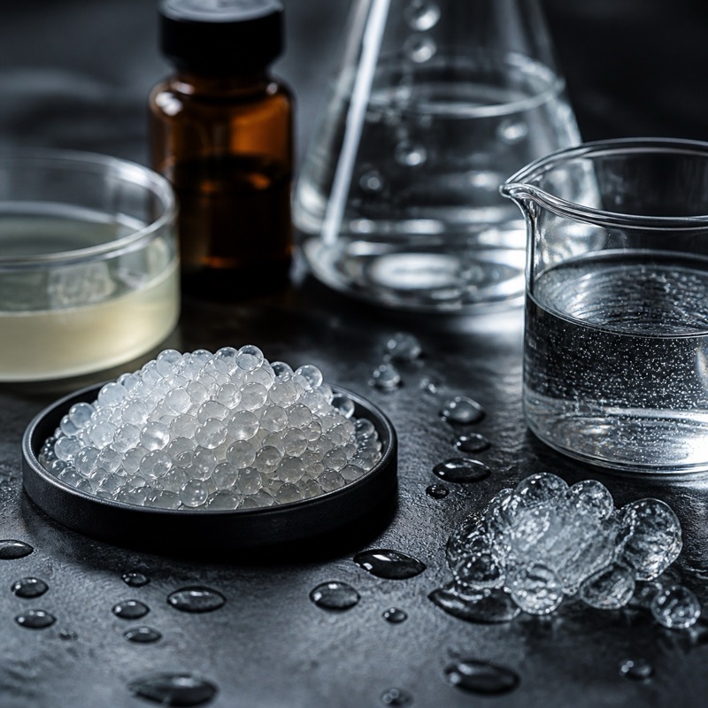 Polymer and water-treatment material samples in glassware