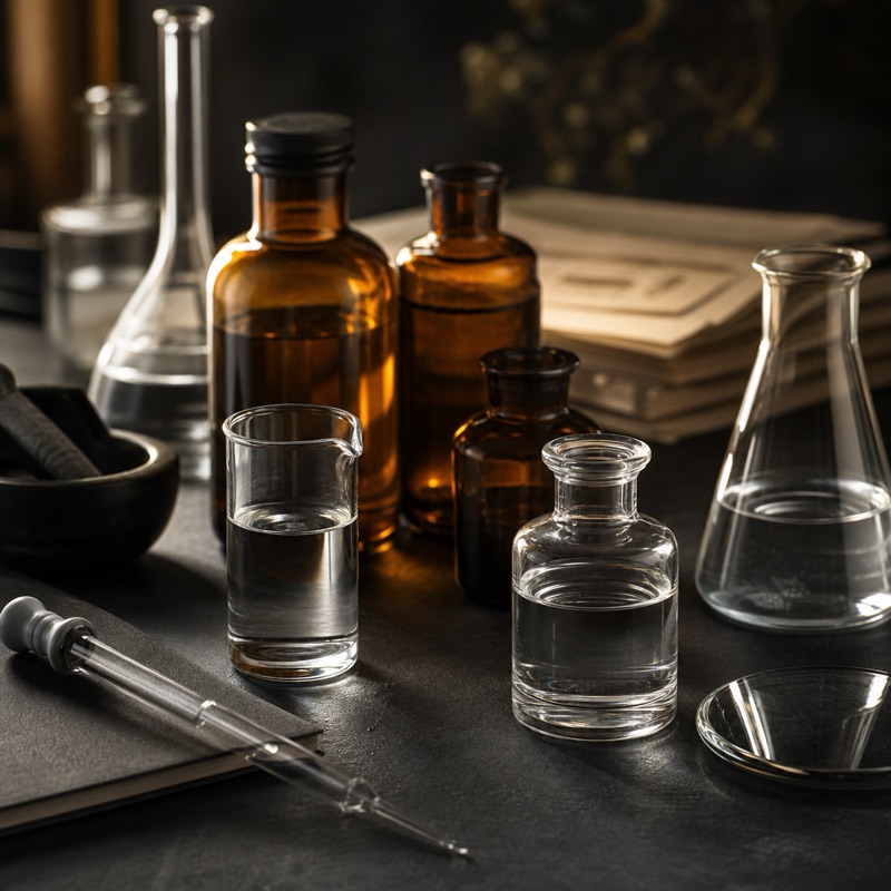 Clear solvent samples and amber reagent bottles in a controlled sourcing setting