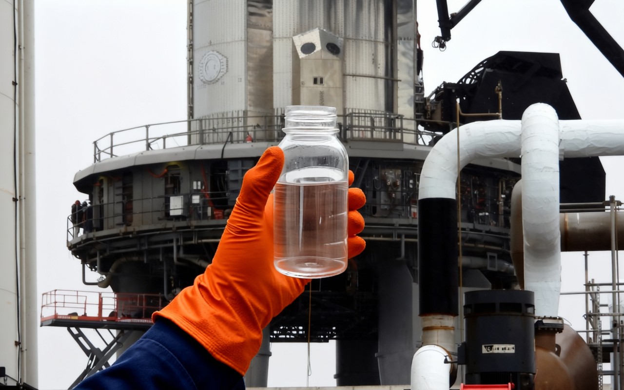 A gloved hand holding a sample bottle of colourless acid in front of a process unit, with insulated pipework and steel columns behind.