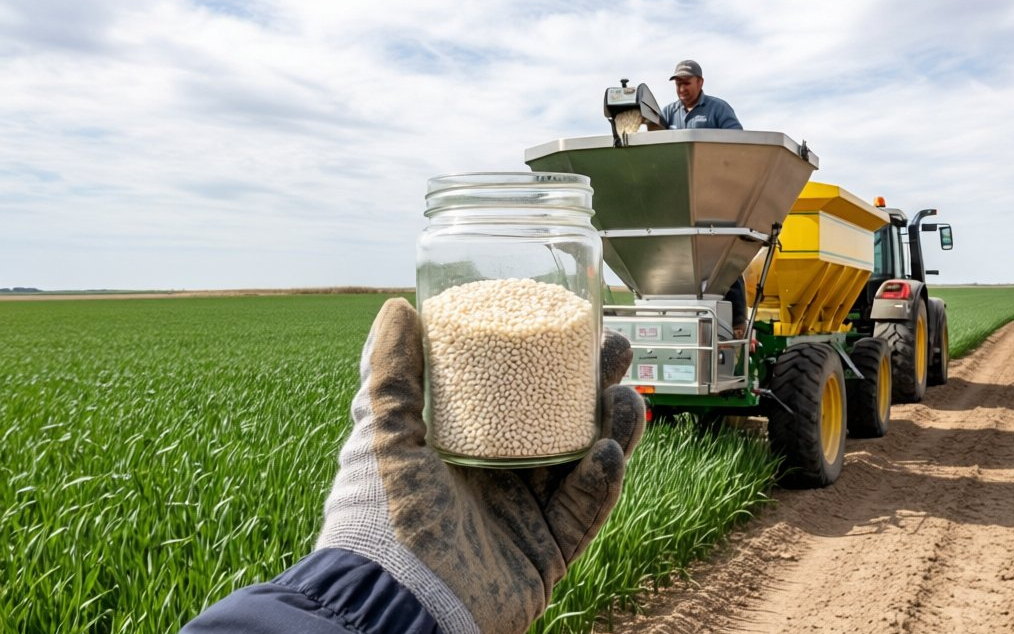White dicyandiamide crystals beside a fertilised crop field — DCD slows nitrification so urea nitrogen stays available to the crop.
