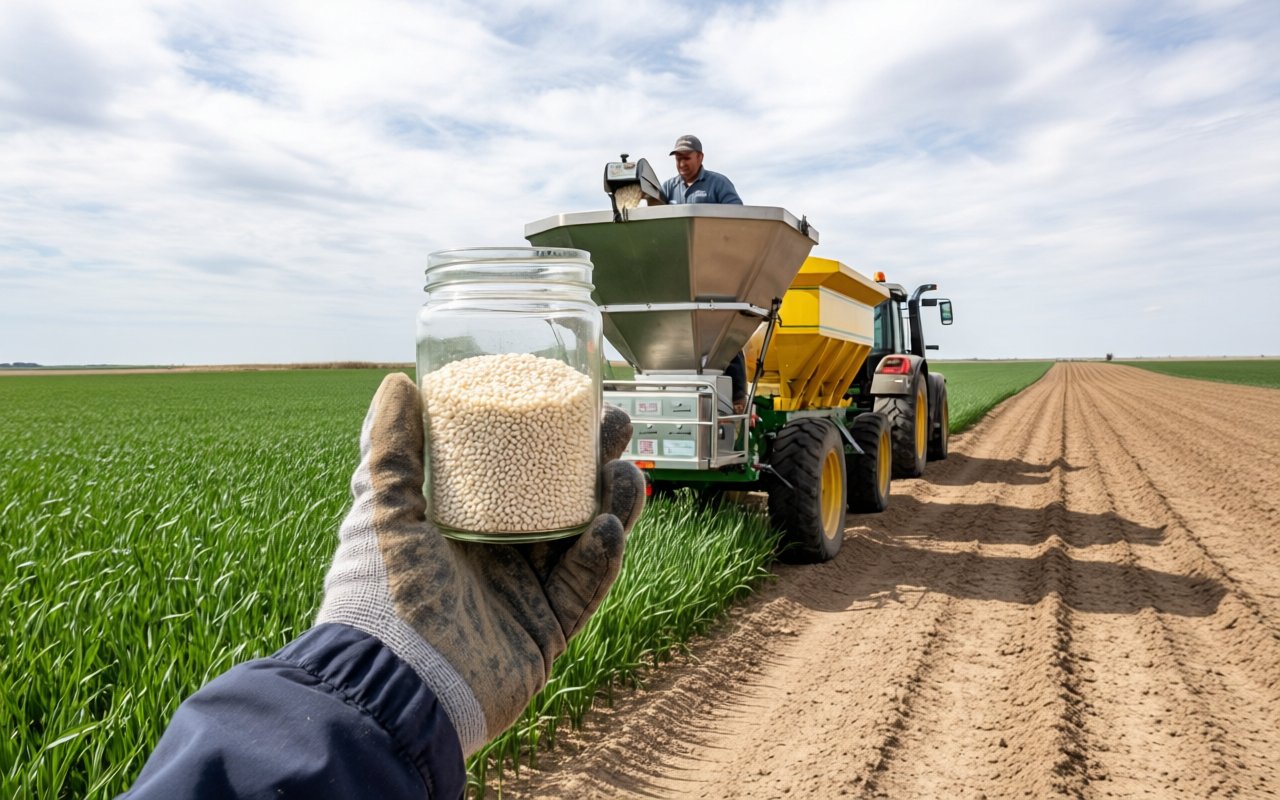 White dicyandiamide crystals beside a fertilised crop field — DCD slows nitrification so urea nitrogen stays available to the crop.
