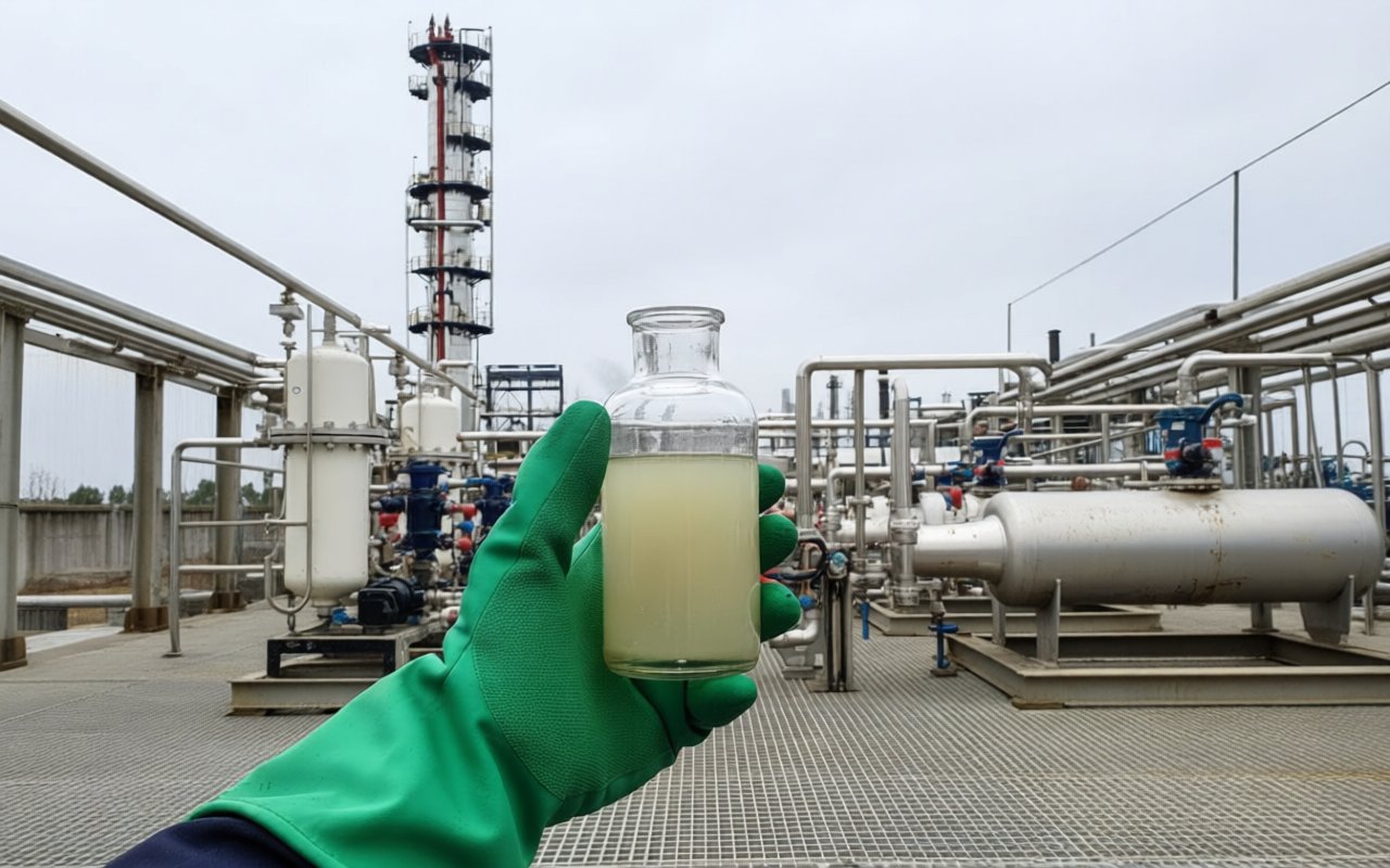 A pale amine sample at a gas-treatment plant, where amines strip hydrogen sulphide and carbon dioxide out of natural gas.