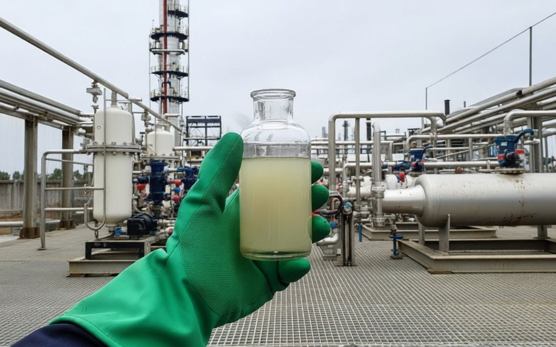 A pale amine sample at a gas-treatment plant, where amines strip hydrogen sulphide and carbon dioxide out of natural gas.