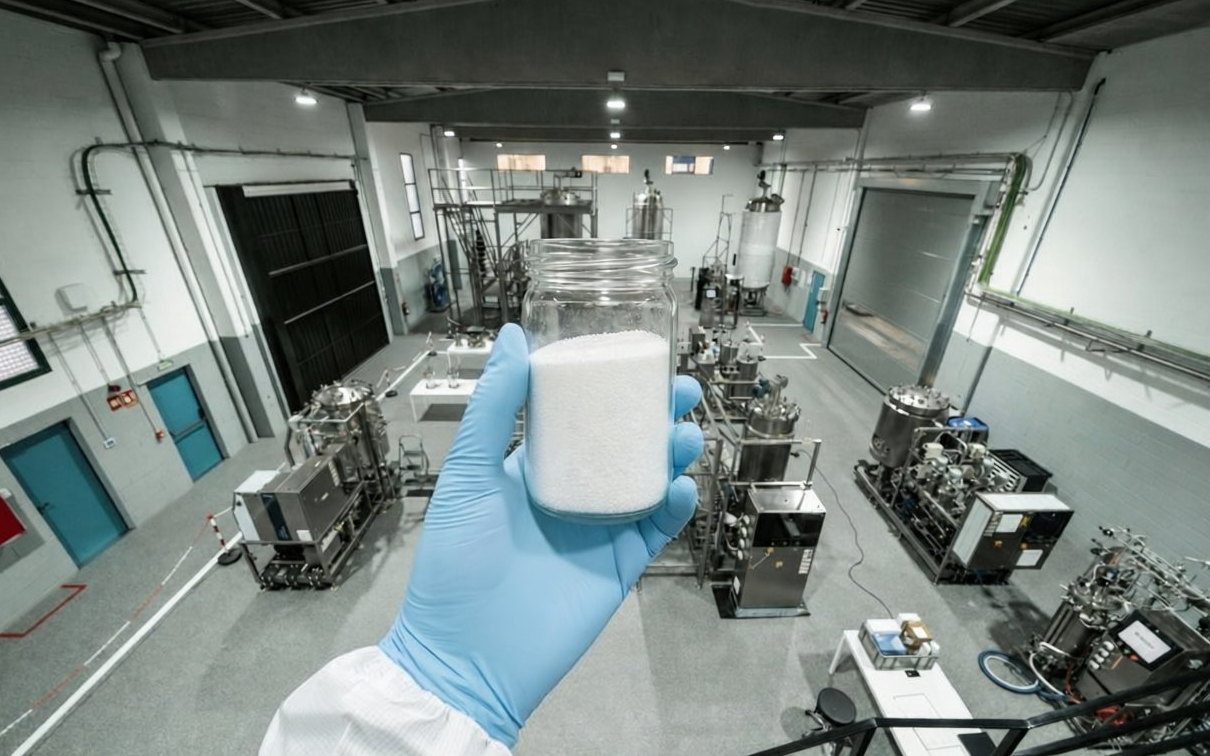 White L-proline crystals in a GMP formulation facility, where amino acids are handled for nutrition and pharmaceutical preparations.