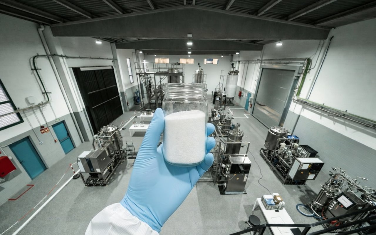 White L-proline crystals in a GMP formulation facility, where amino acids are handled for nutrition and pharmaceutical preparations.
