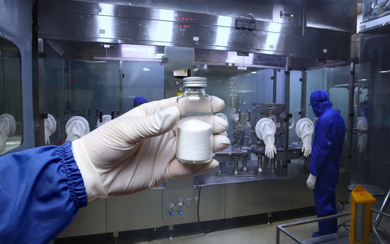 A gloved hand holding a glass bottle of white powder in front of a sterile filling isolator, where injectable medicines are filled under cleanroom conditions.