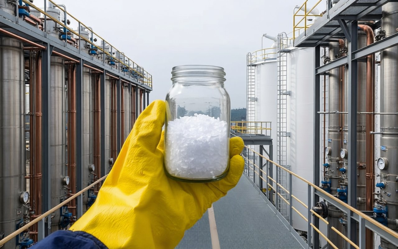 White caustic soda flakes in a glass jar, held on a walkway between process columns at a chemical plant.