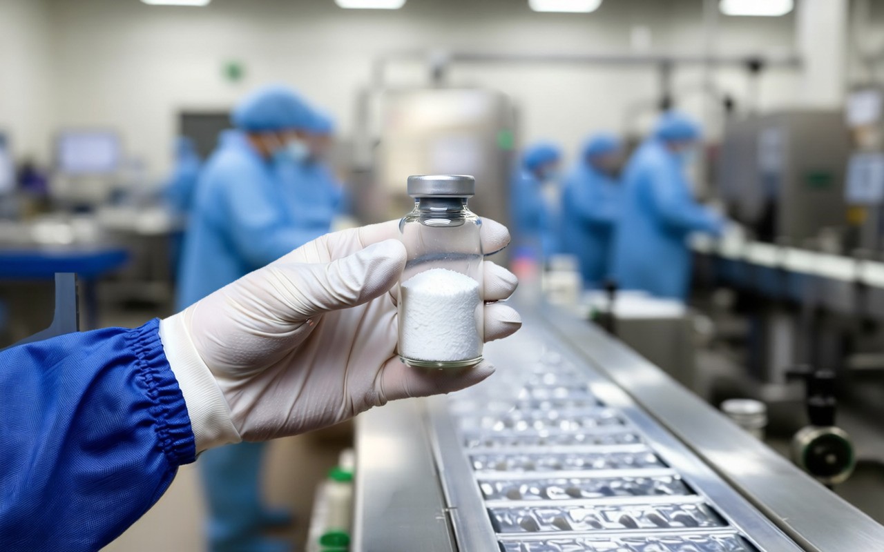 A gloved hand holding a vial of white powder above a tablet blister-packing line, with workers in cleanroom gowns behind.