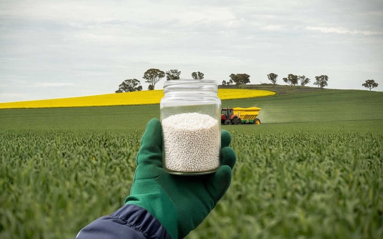 A gloved hand holding a jar of white urea prills above a green cereal crop, with a fertilizer spreader working the field and a flowering yellow crop on the hill behind.