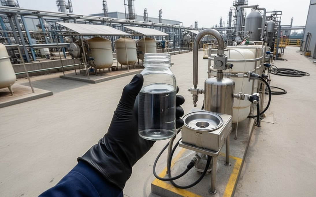 A clear solvent sample held above a petrochemical refinery, where DMSO is used as a reaction and process solvent
