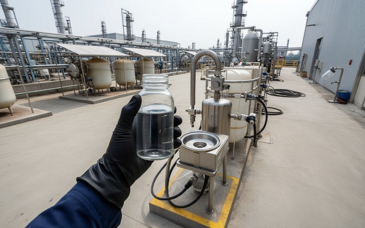 A clear solvent sample held above a petrochemical refinery, where DMSO is used as a reaction and process solvent