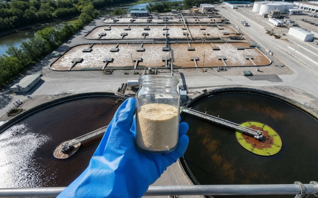 Light-tan polysuccinimide powder at an industrial water-treatment site — PSI is the precursor to polyaspartate scale inhibitors.