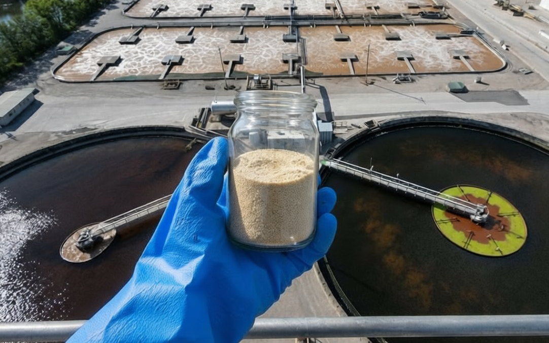 Light-tan polysuccinimide powder at an industrial water-treatment site — PSI is the precursor to polyaspartate scale inhibitors.